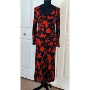 Vintage Harold's Dress Red Black Floral 1990's Midi Long Sleeve Sz 6